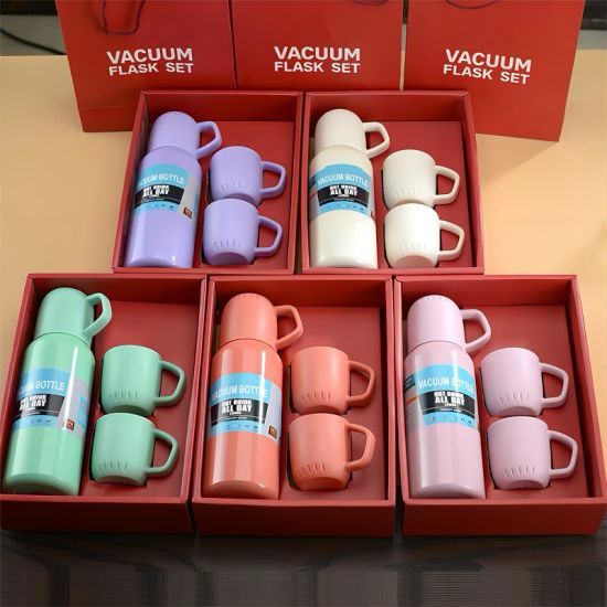 Vacuum Flask Bottle Set With 3 Steel Cups And Gift Box (Direct Sip Option)